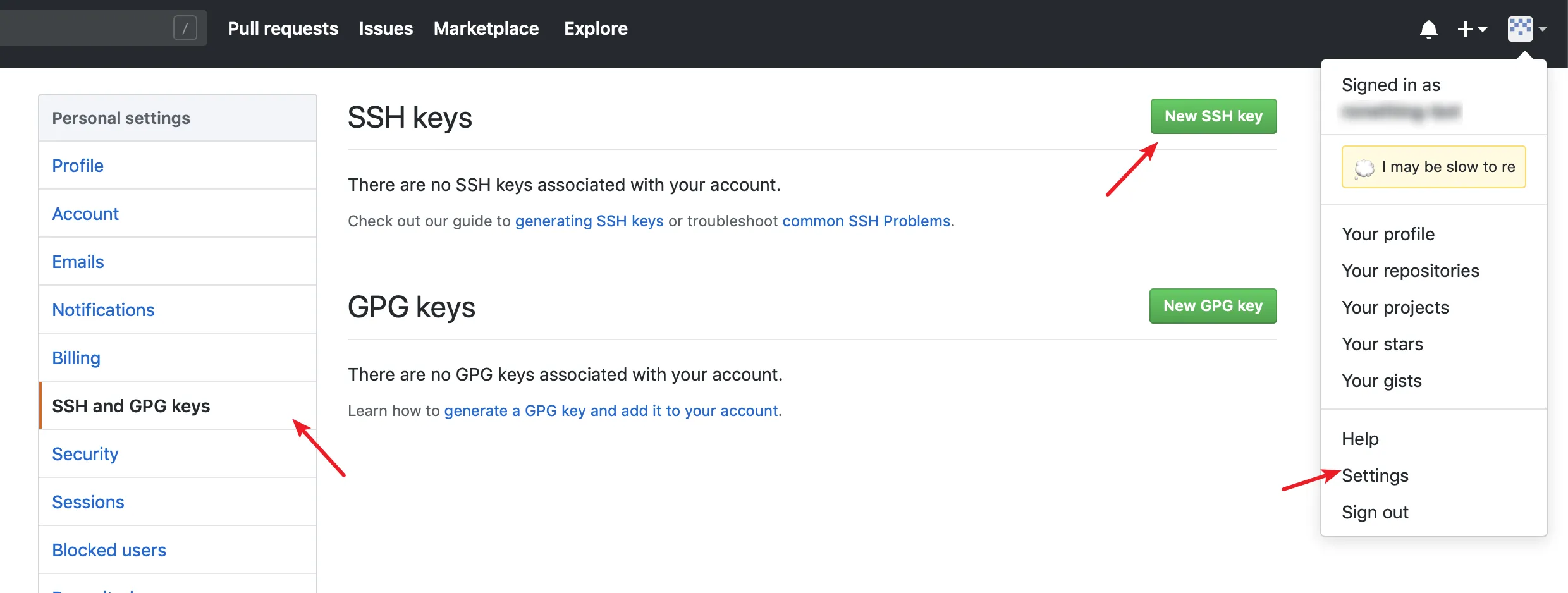 settings->ssh and gpg keys->new ssh key